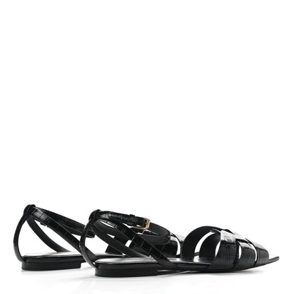 Saint Laurent Calfskin Crocodile Embossed Tribute 05 Ankle Strap Sandals 39.5 Black 4 of 9