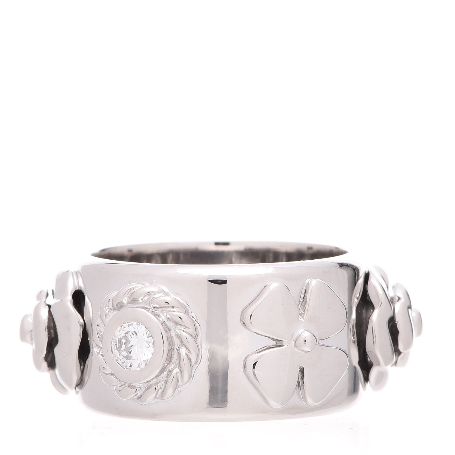 Chanel 18K White Gold Diamond Camellia Band Ring 46 3.75 1 of 5