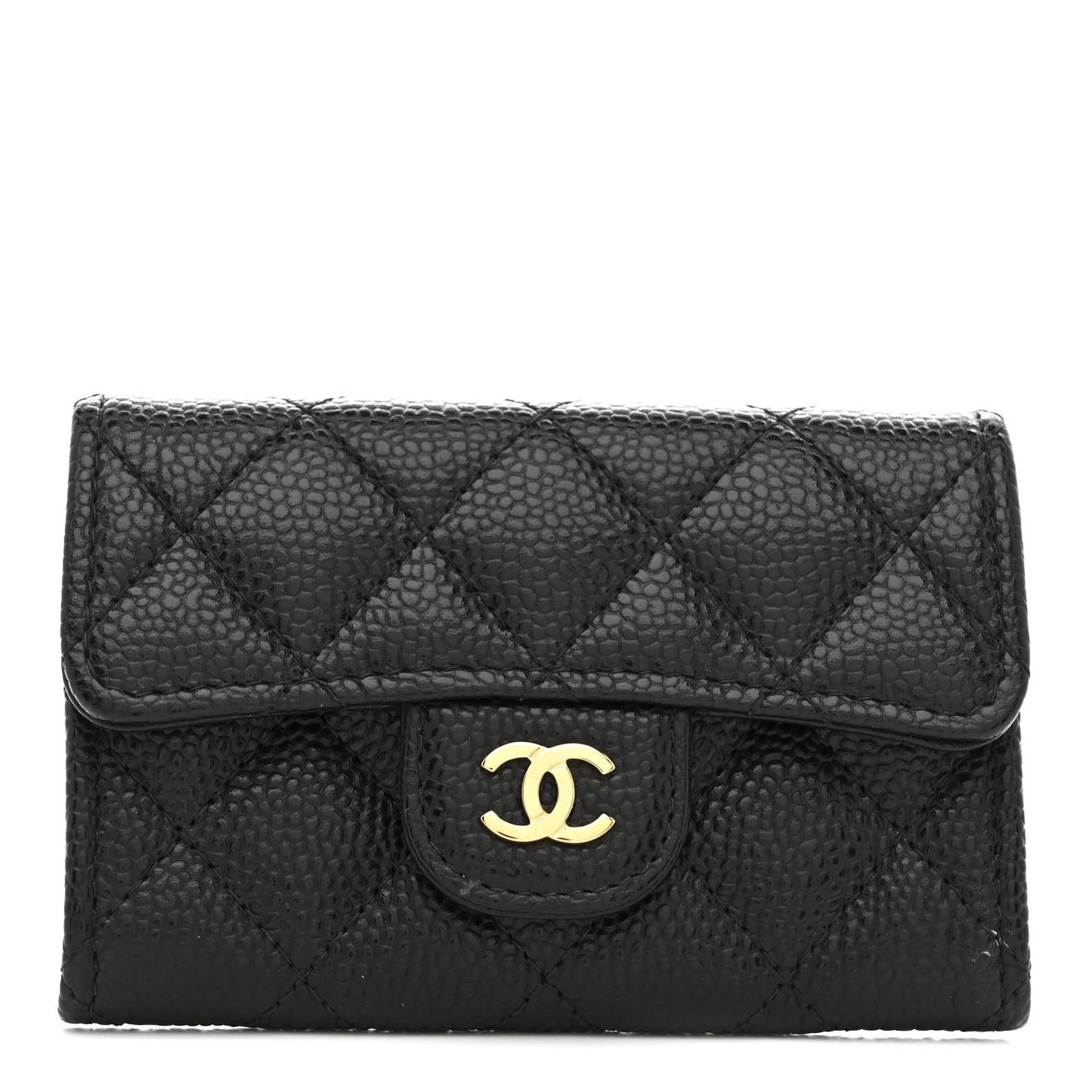 Caviar Quilted Flap Card Holder Wallet Black