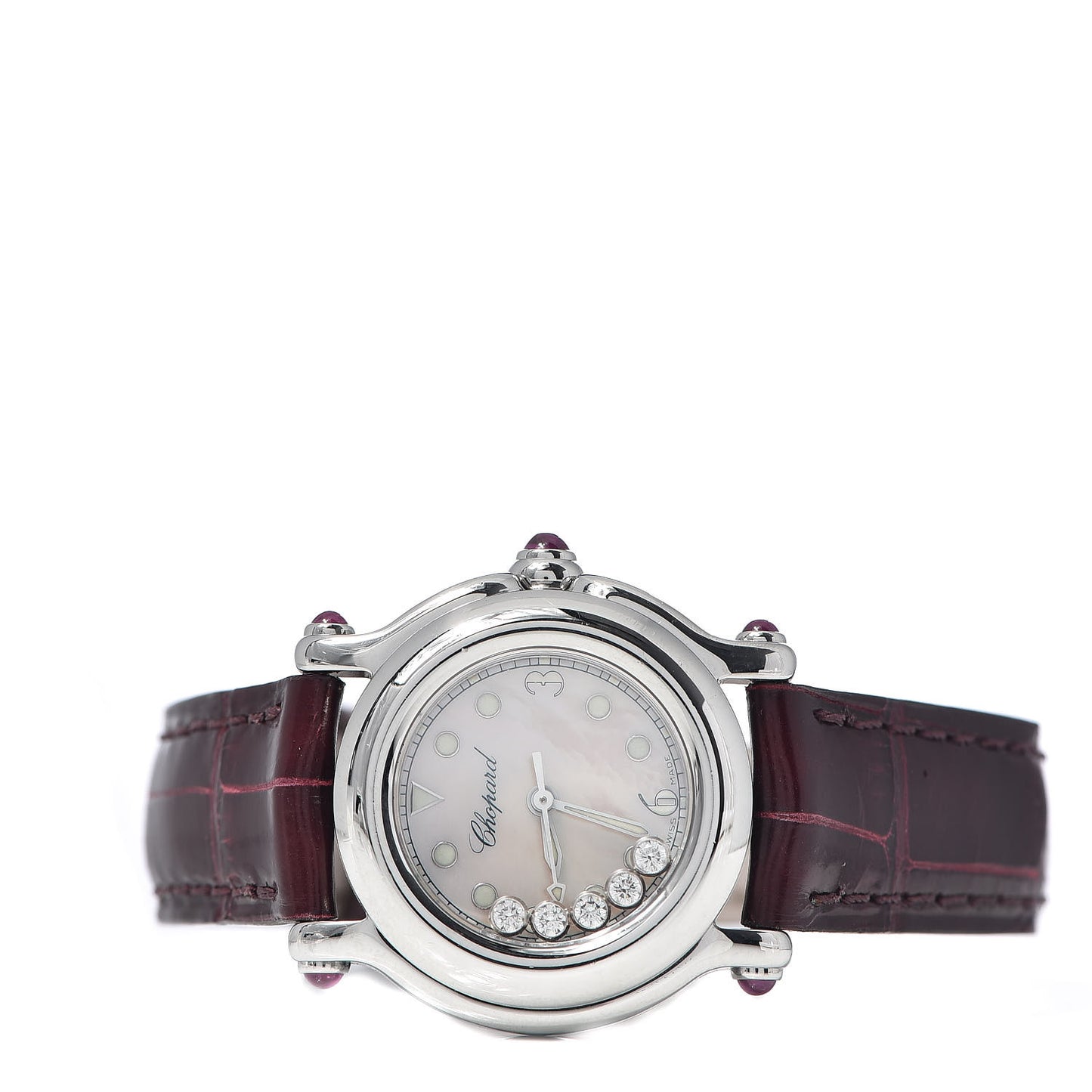 Stainless Steel Alligator 5 Diamond Pink Mother of Pearl 26mm Happy Sport Quartz Watch