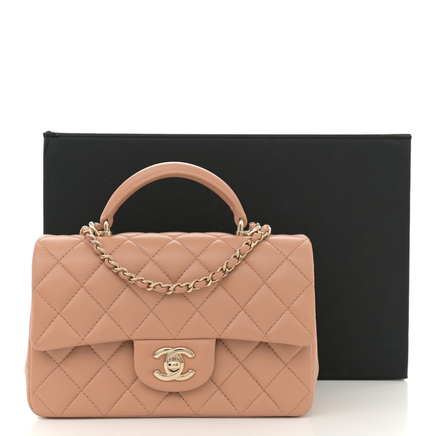 Lambskin Quilted Mini Top Handle Rectangular Flap Beige