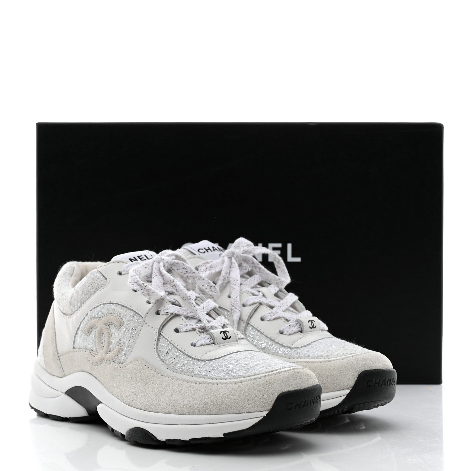 Chanel Painted Iridescent Cotton Tweed Suede Womens CC Sneakers 37 White Silver Multicolor 11 of 11