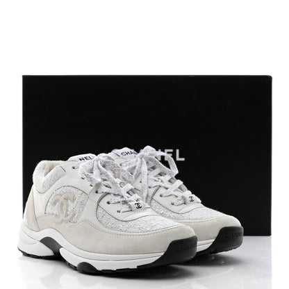 Chanel Painted Iridescent Cotton Tweed Suede Womens CC Sneakers 37 White Silver Multicolor 11 of 11