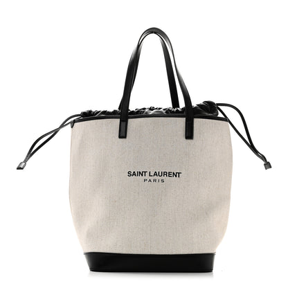 Saint Laurent Canvas Calfskin Teddy Drawstring Shopping Tote White Black 1 of 10