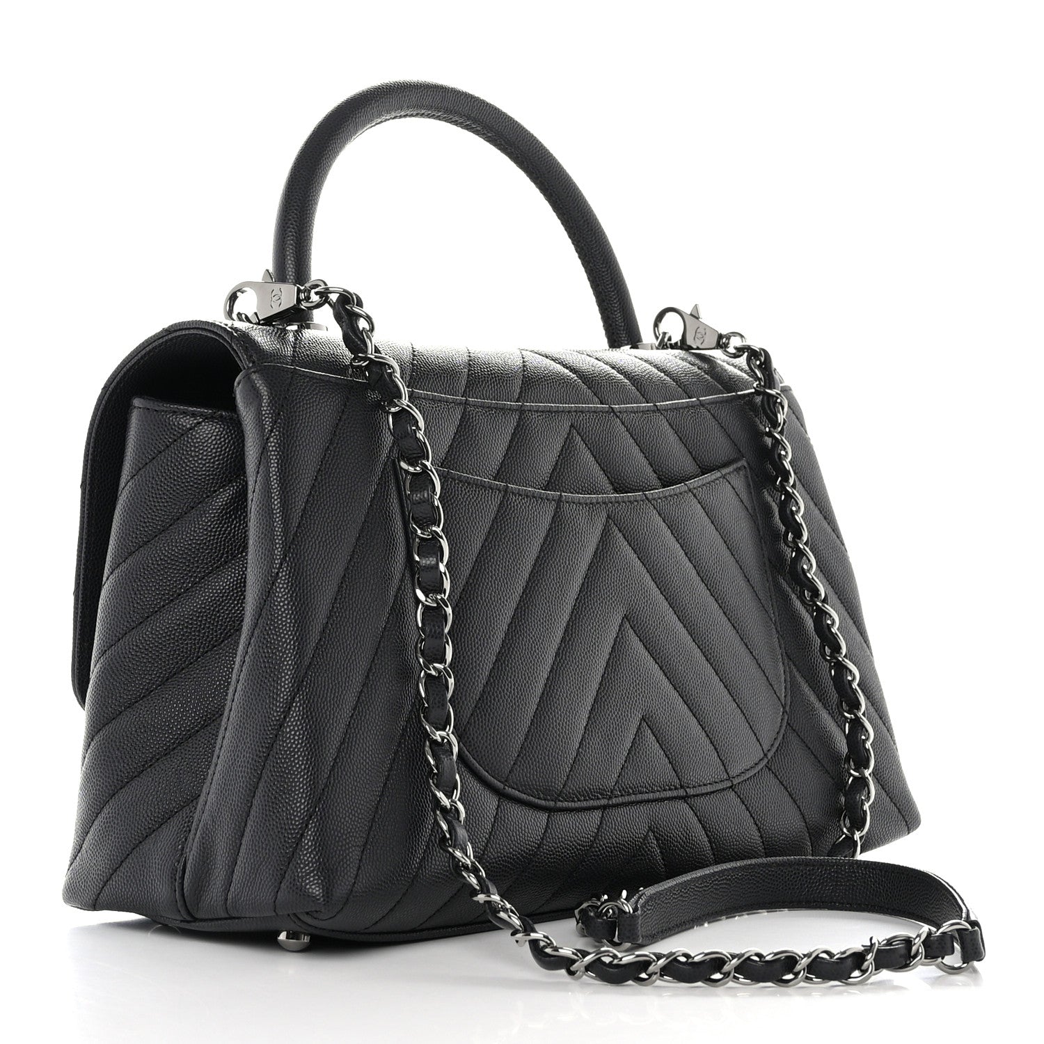 Chanel Caviar Chevron Quilted Small Coco Handle Flap Dark Grey 3 of 10