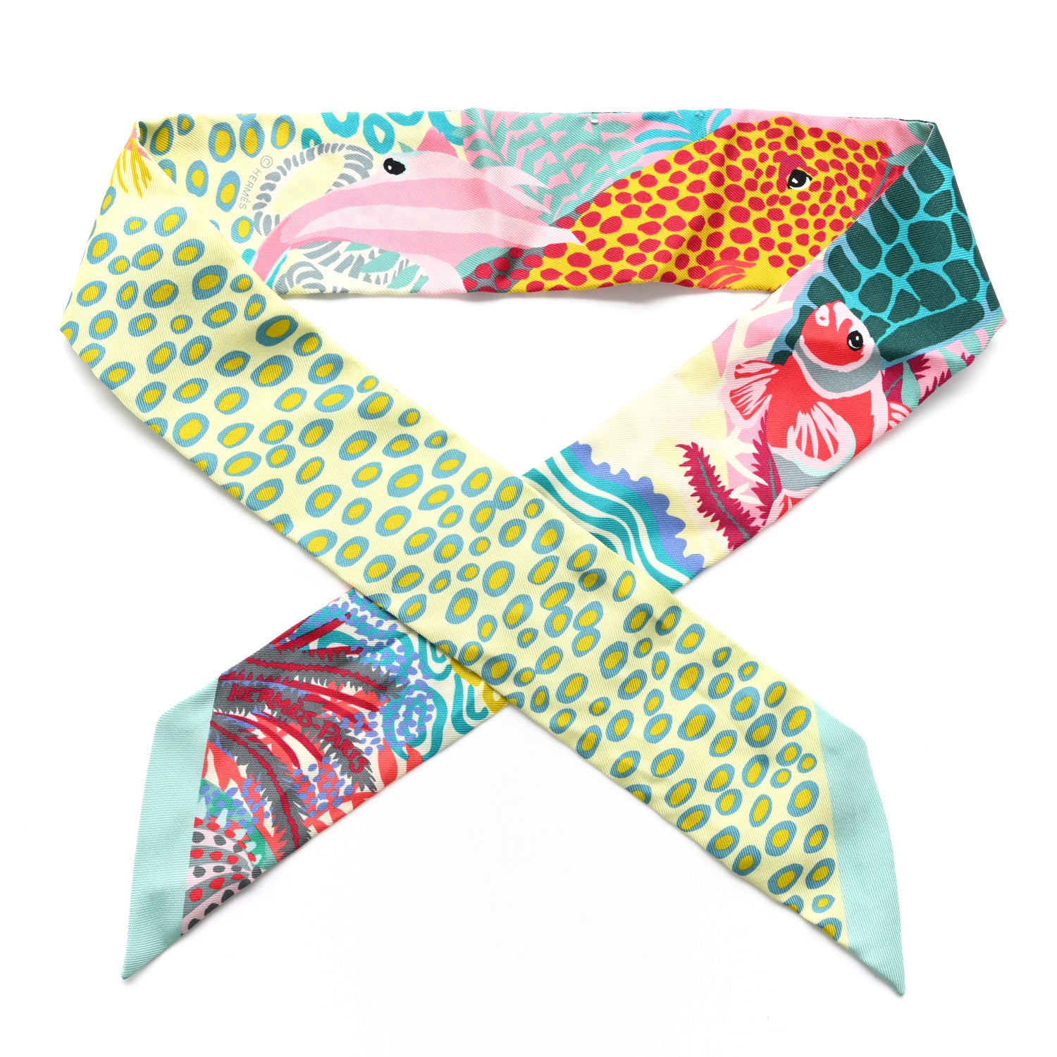 Hermes Silk Under The Waves Twilly Vert D Eau Jaune Soufre Rose 1 of 4