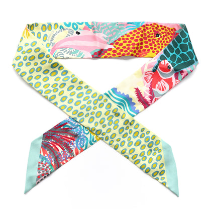 Hermes Silk Under The Waves Twilly Vert D Eau Jaune Soufre Rose 1 of 4