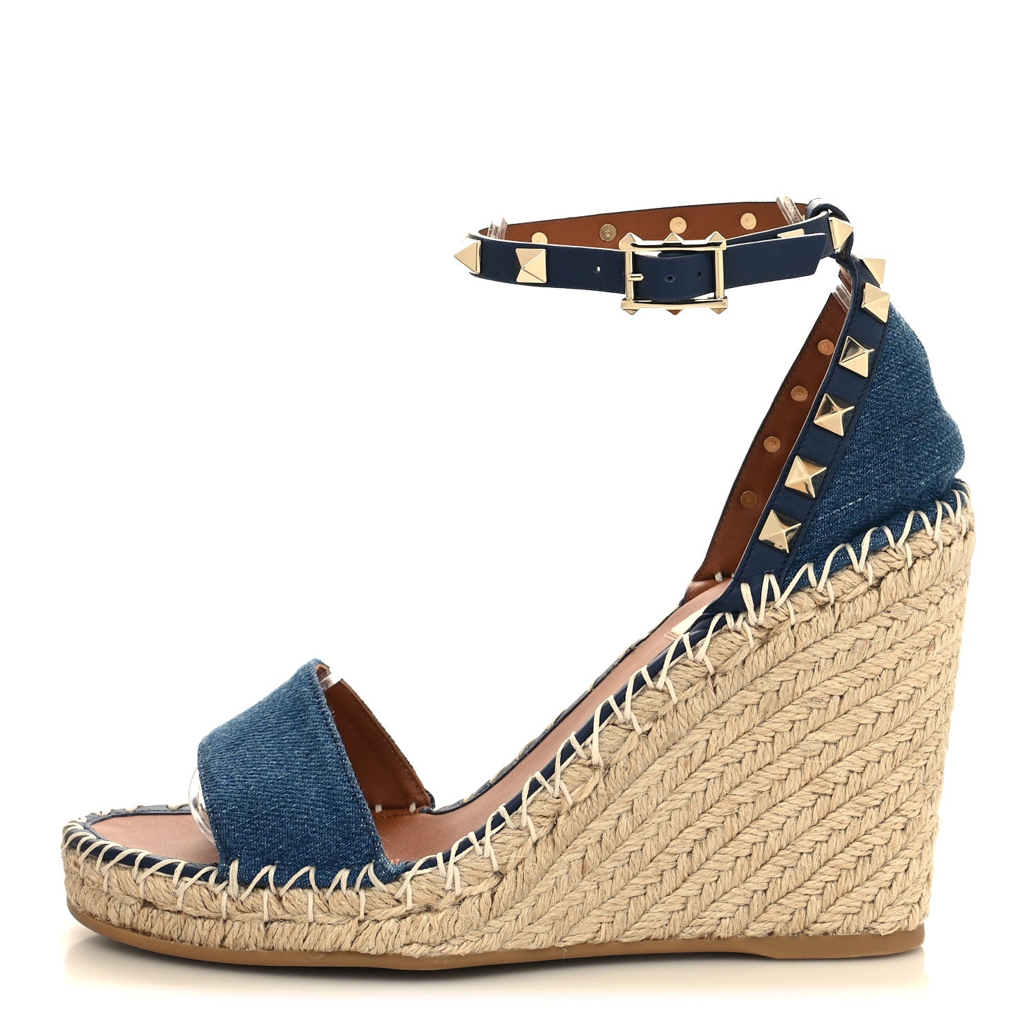 Valentino Garavani Denim Rockstud Ankle Strap Espadrille 15/105mm Wedge Sandals 37 Light Denim 1 of 8