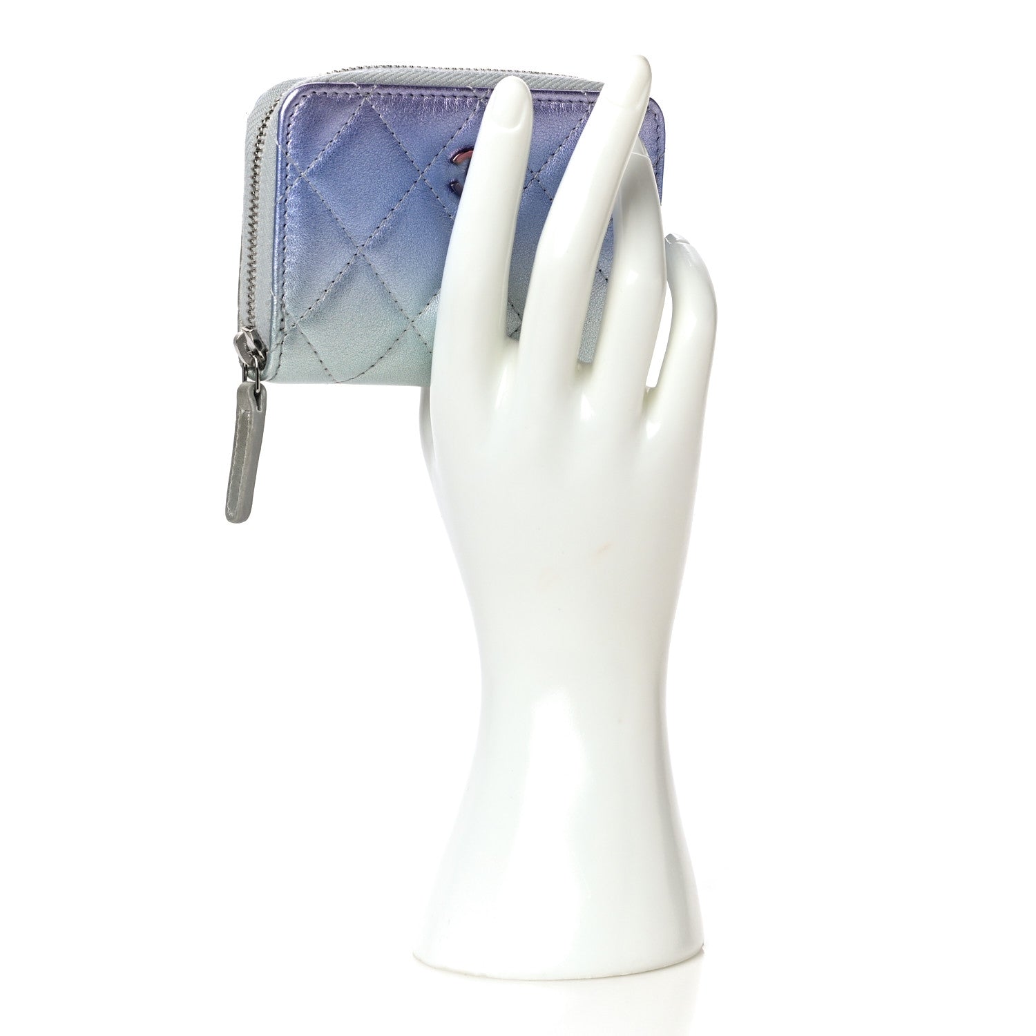 Chanel Gradient Metallic Calfskin Quilted Zip Around Coin Purse Wallet Silver Blue Yellow Purple 2 of 11