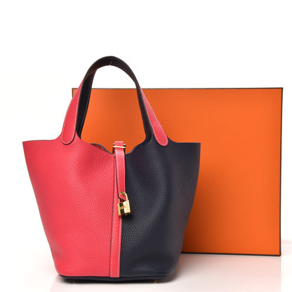 Hermes Taurillon Clemence Casaque Picotin Lock 22 MM Rose Extreme Bleu Nuit 8 of 8