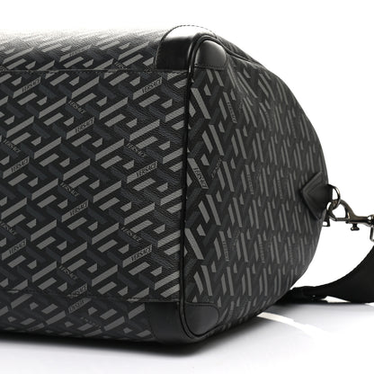 Versace Coated Canvas Calfskin La Greca Signature Travel Bag Black Grey 9 of 12