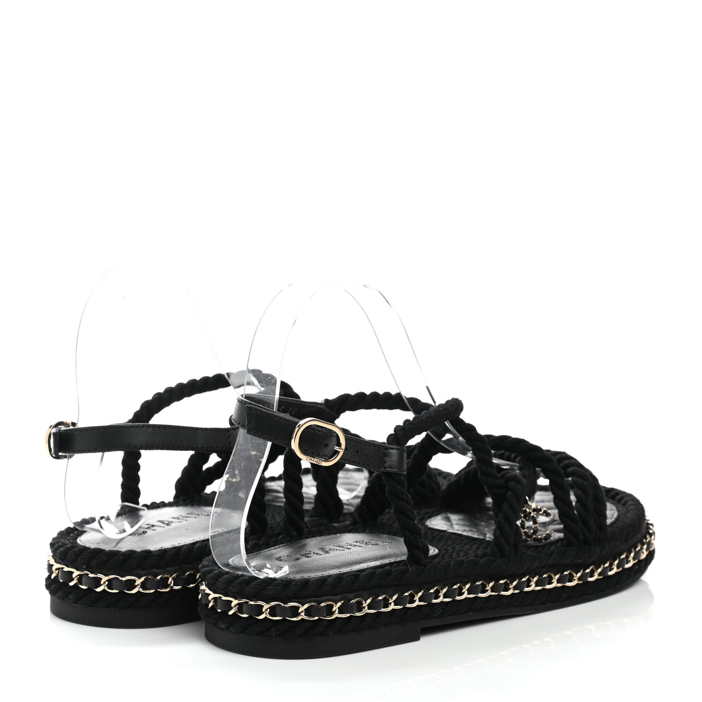 Lambskin Cord Chain CC Sandals 38 Black