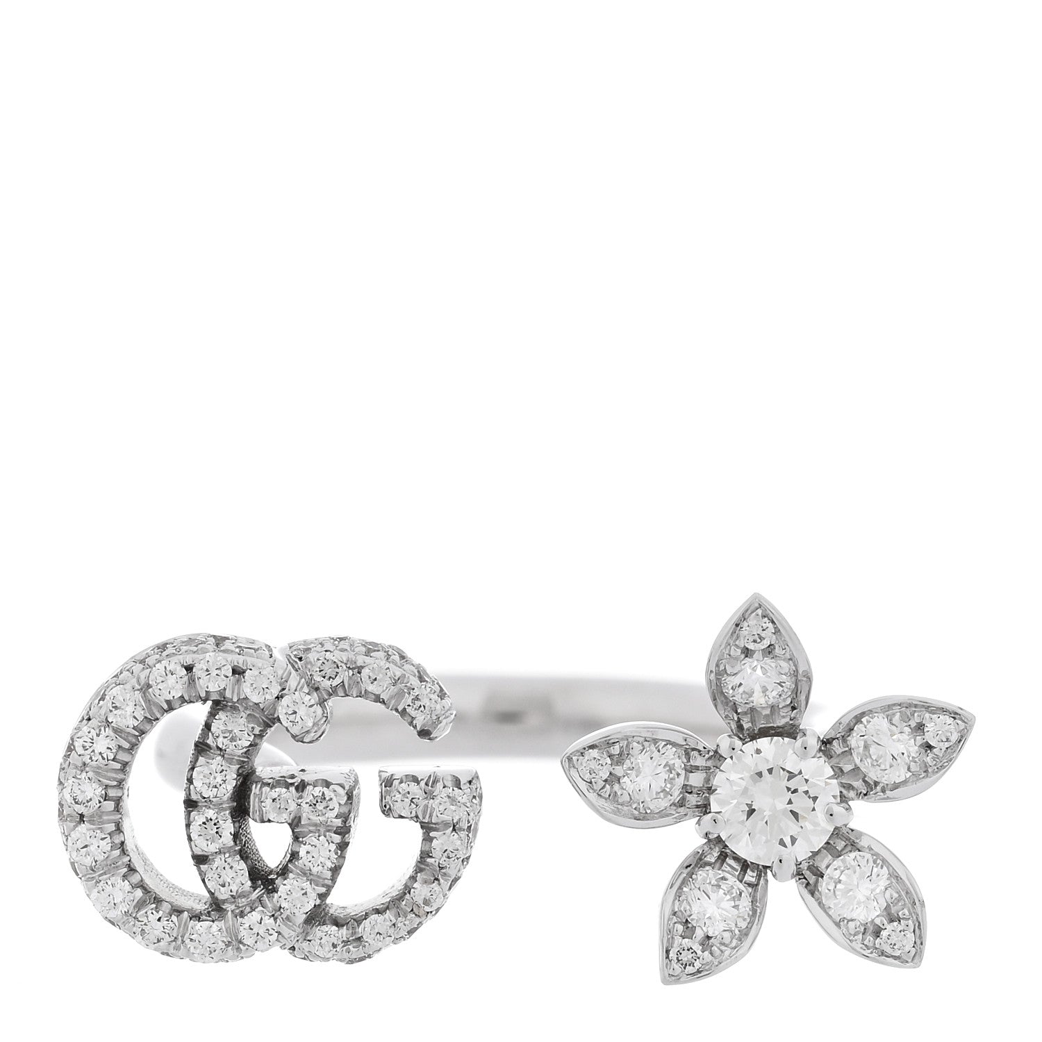 Gucci 18K White Gold Diamond Flora GG Open Ring 49 4.75 1 of 6