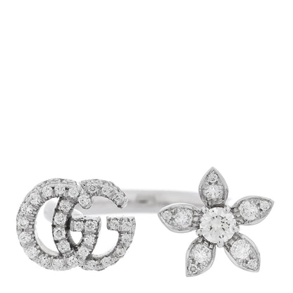 Gucci 18K White Gold Diamond Flora GG Open Ring 49 4.75 1 of 6