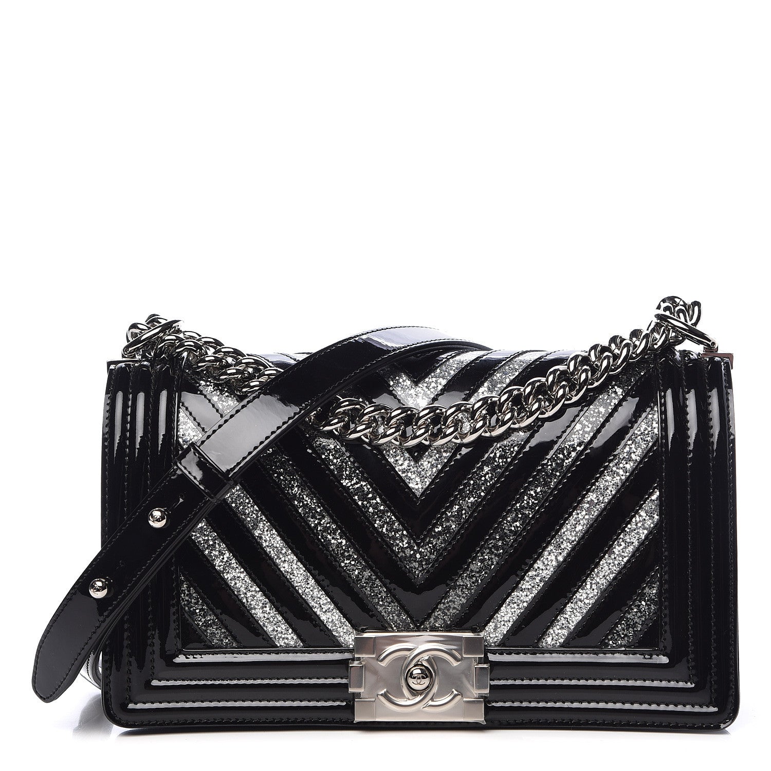 Chanel Patent Glitter PVC Chevron Quilted Medium Boy Flap Black Silver 1 of 11