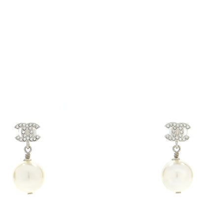 Chanel Crystal Pearl CC Drop Earrings Silver 1 of 5