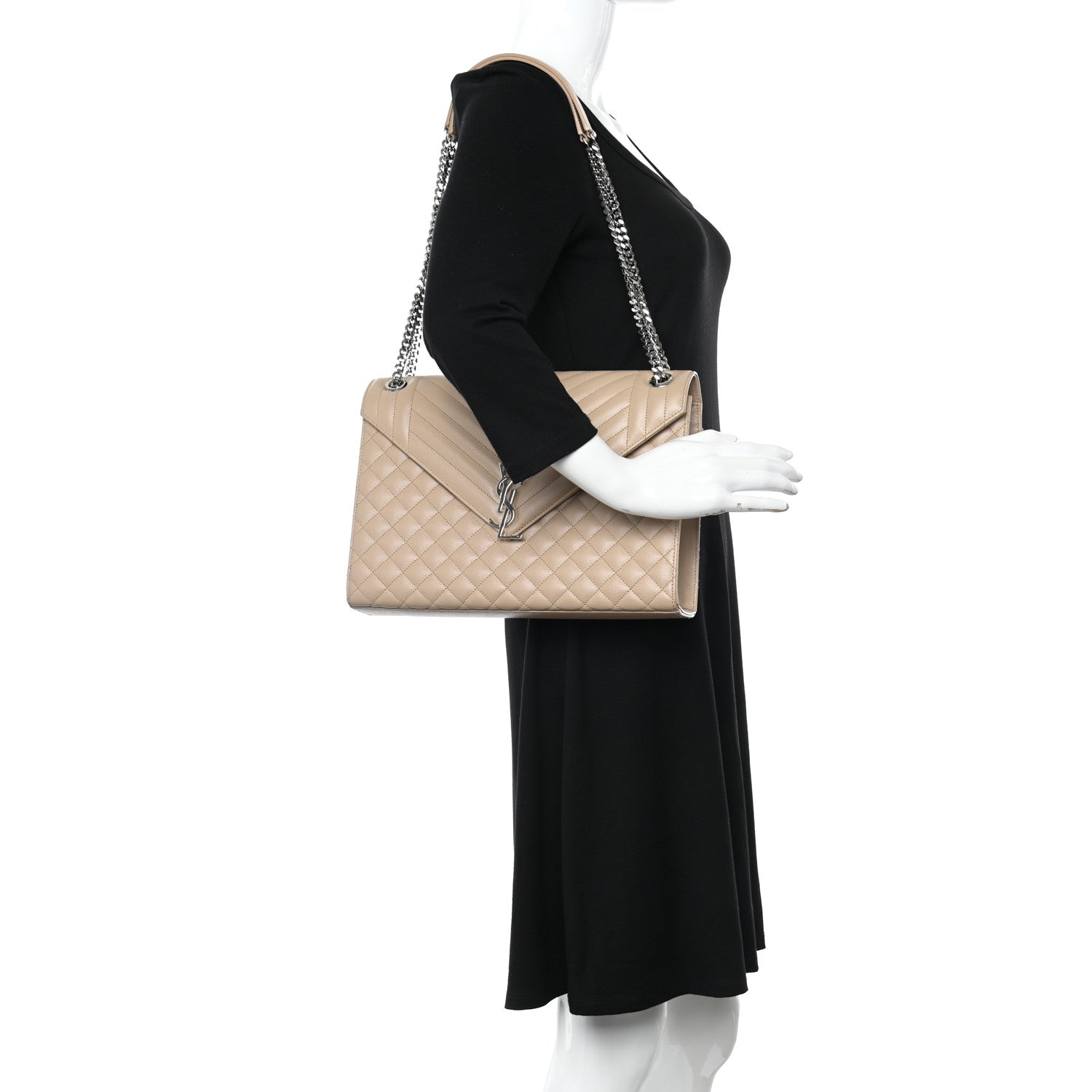 Saint Laurent Grain De Poudre Mixed Matelasse Large Triquilt Monogram Satchel Dark Beige 2 of 10