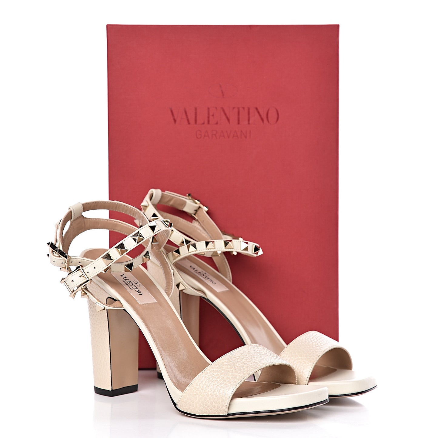 Pebbled Calfskin Rockstud Ankle Strap 5/105mm Sandals 39.5 Light Ivory