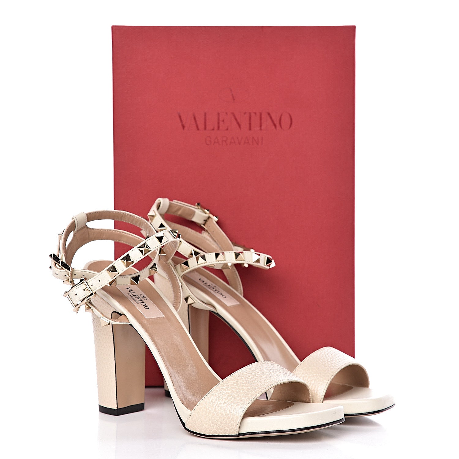 Valentino Garavani Pebbled Calfskin Rockstud Ankle Strap 5/105mm Sandals 39.5 Light Ivory 9 of 9