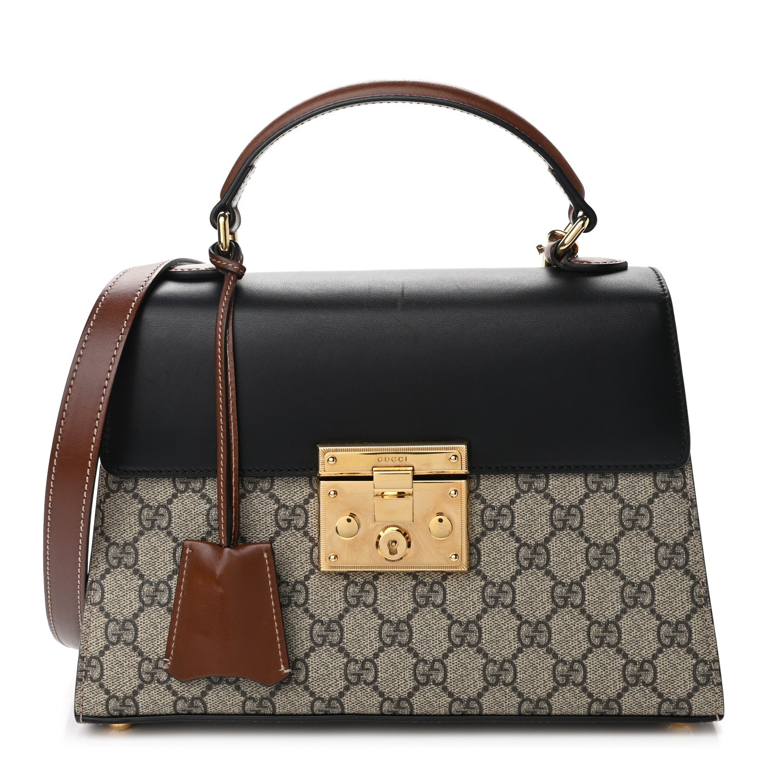 Gucci GG Supreme Monogram Calfskin Small Padlock Top Handle Bag Beige Black Cuir 1 of 11