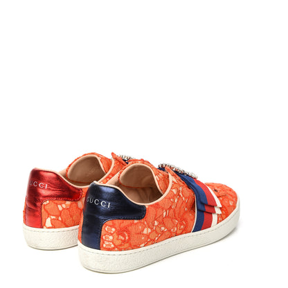 Gucci Lace Crystal Sylvie Web Flower Leaf Womens Ace Sneakers 38 Hot Orange Tan Beige 4 of 8