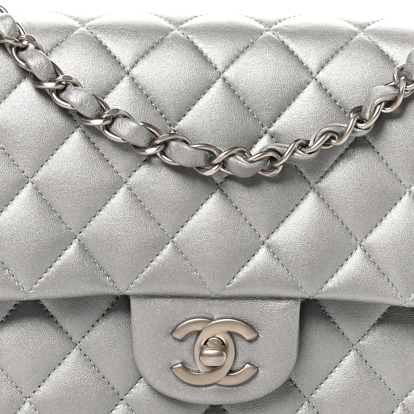 Metallic Lambskin Quilted Medium Double Flap Silver