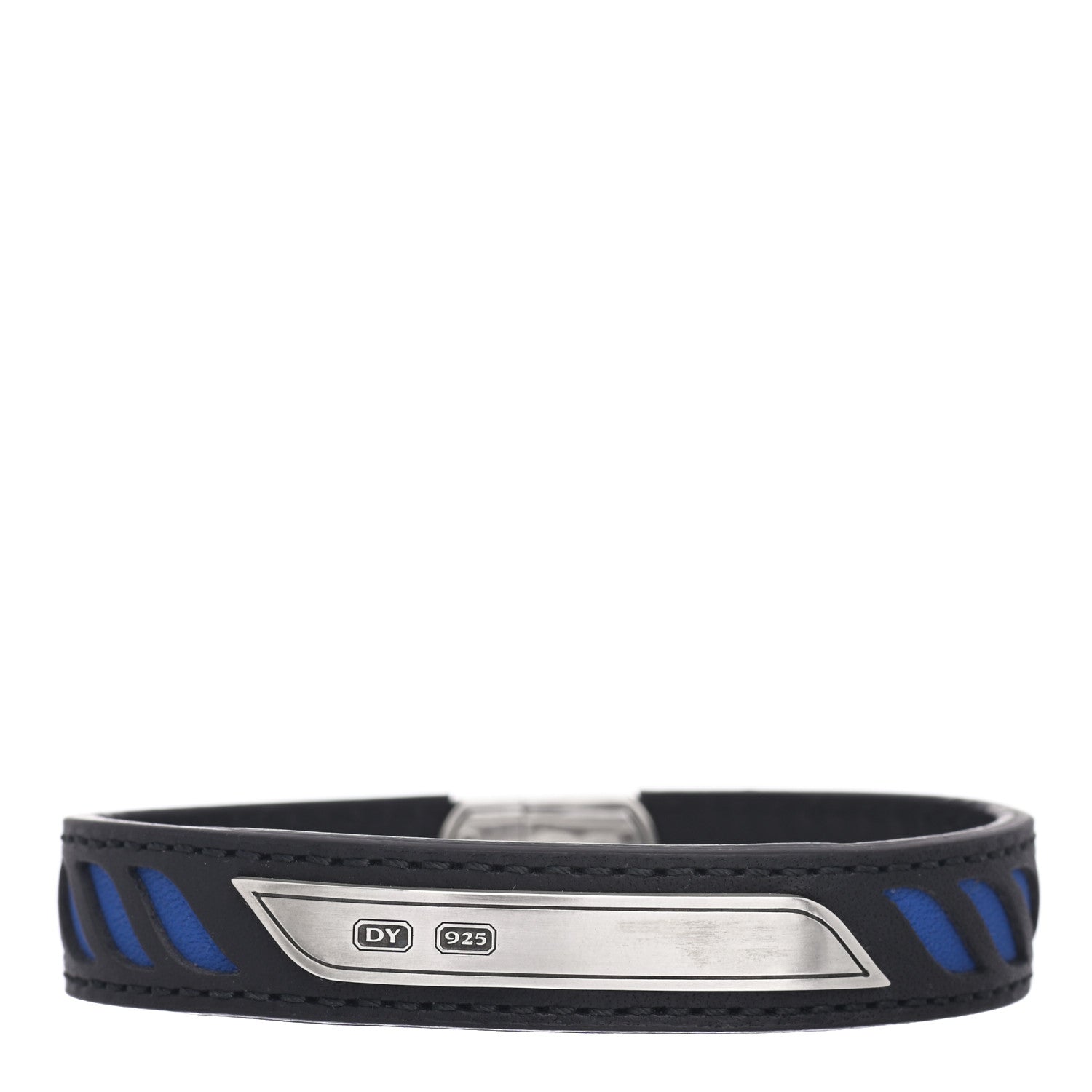 David Yurman Sterling Silver Leather Graphic Cable ID Bracelet Blue 1 of 4
