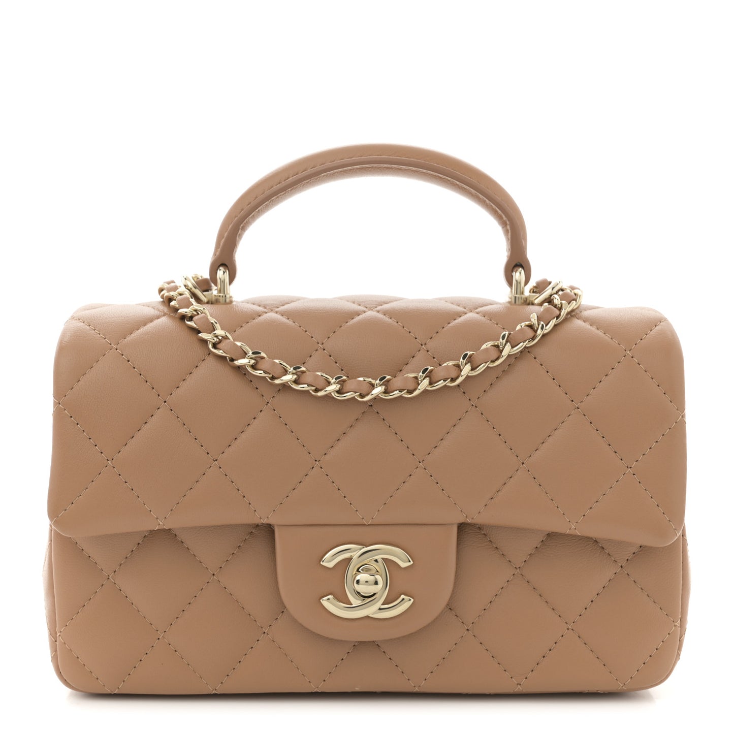 Lambskin Quilted Mini Top Handle Rectangular Flap Dark Beige
