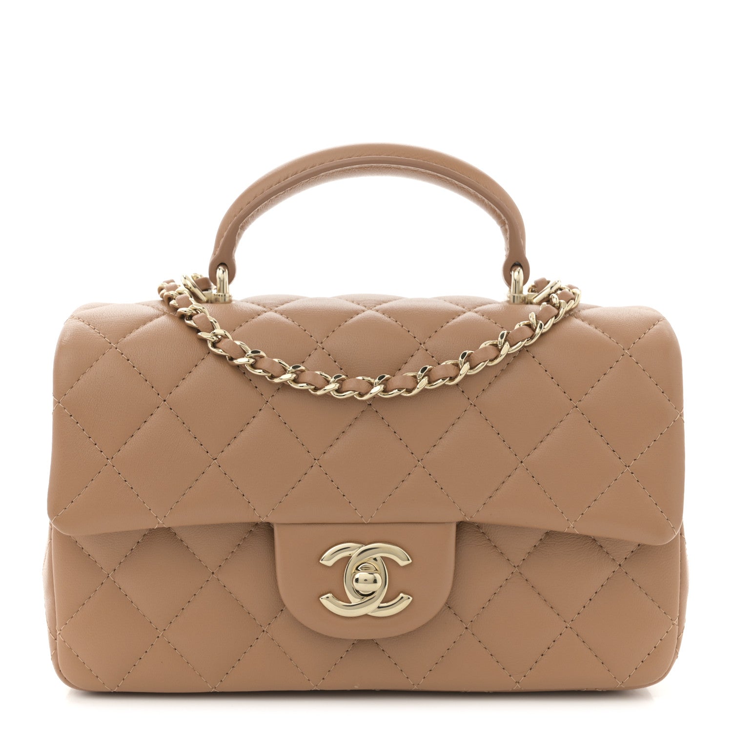 Chanel Lambskin Quilted Mini Top Handle Rectangular Flap Dark Beige 1 of 11