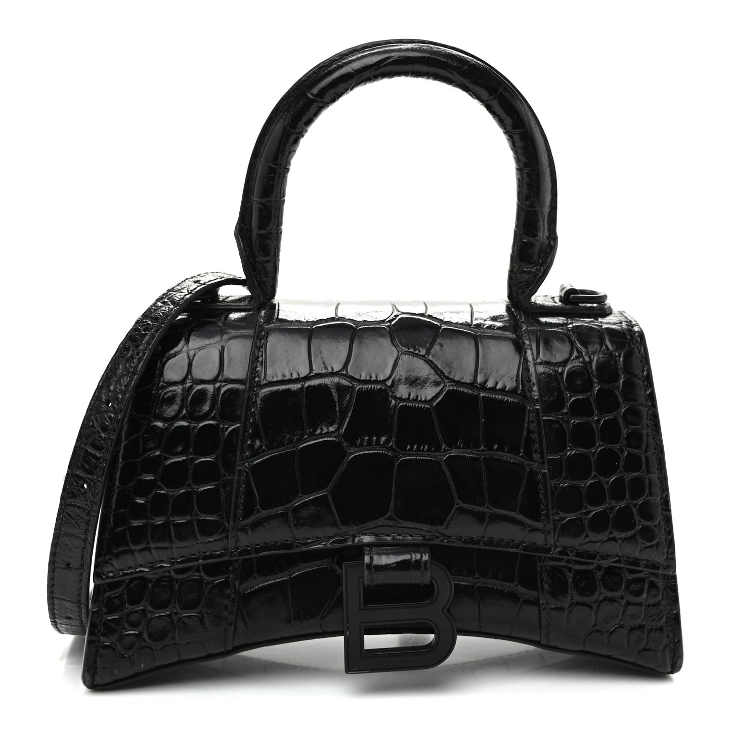 Shiny Calfskin Monochrome Crocodile Embossed Hourglass Top Handle Bag XS Black
