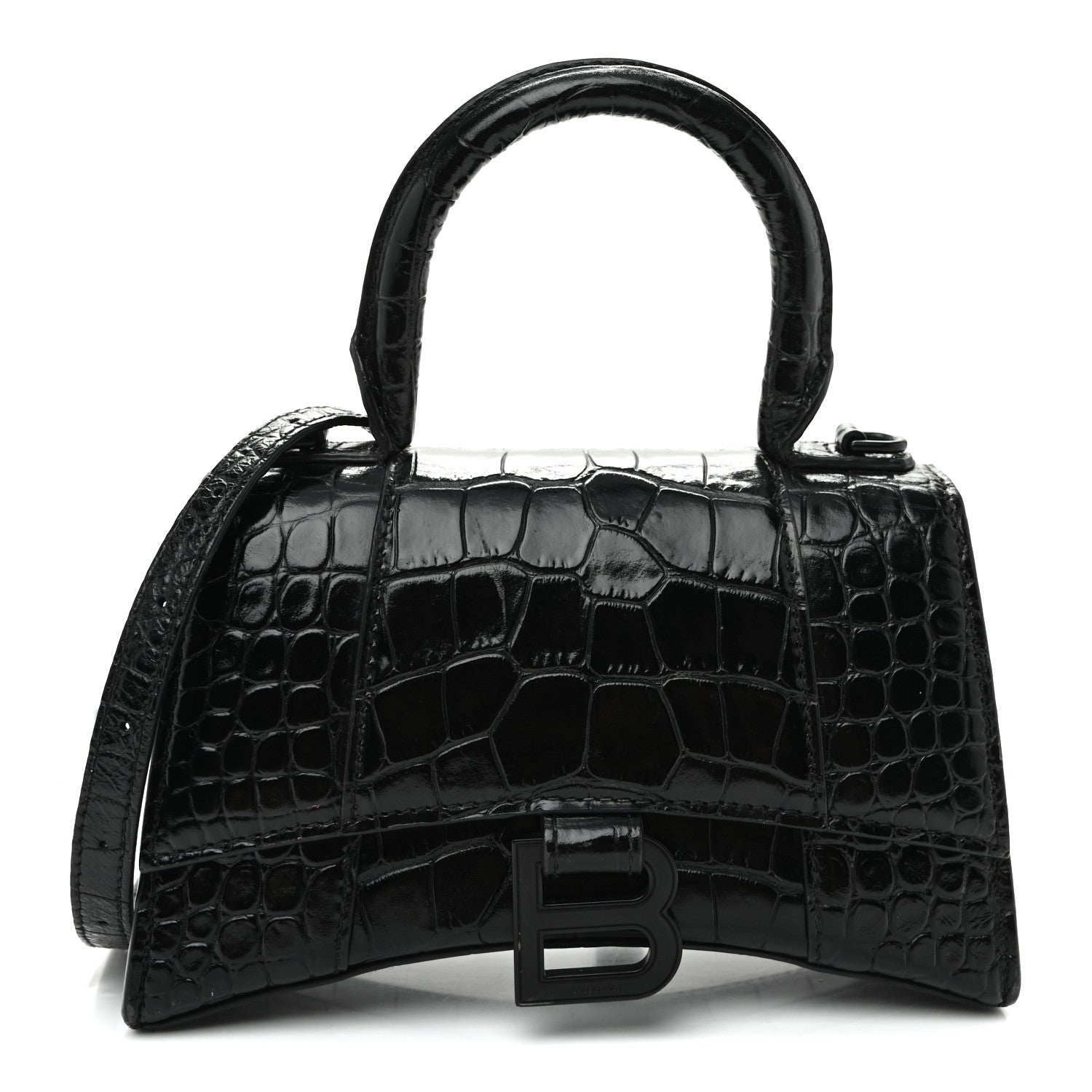 Balenciaga Shiny Calfskin Monochrome Crocodile Embossed Hourglass Top Handle Bag XS Black 1 of 10