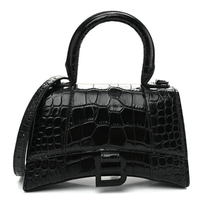 Balenciaga Shiny Calfskin Monochrome Crocodile Embossed Hourglass Top Handle Bag XS Black 1 of 10