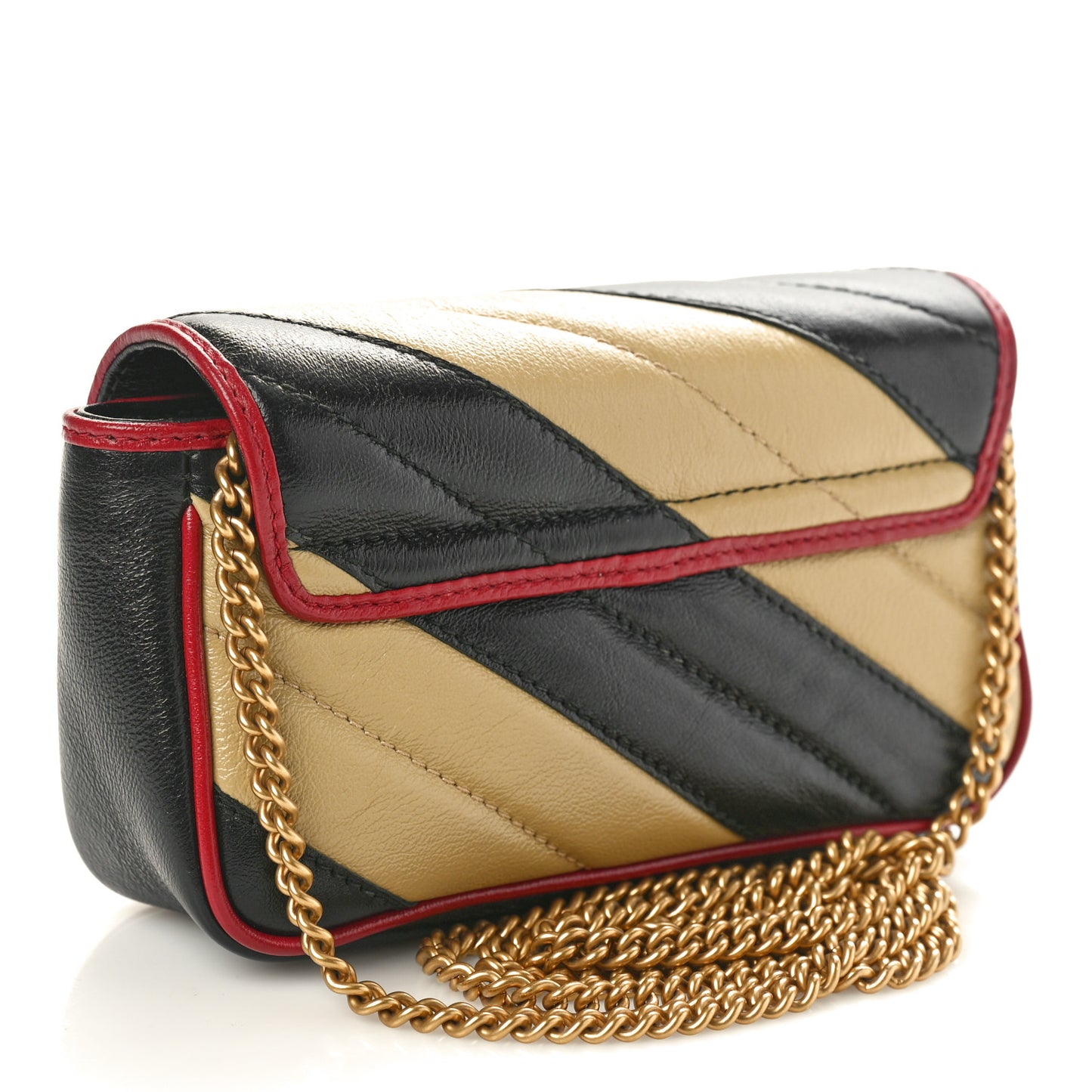 Vintage Effect Calfskin Matelasse Diagonal Striped Super Mini Torchon GG Marmont Shoulder Bag Black Beige