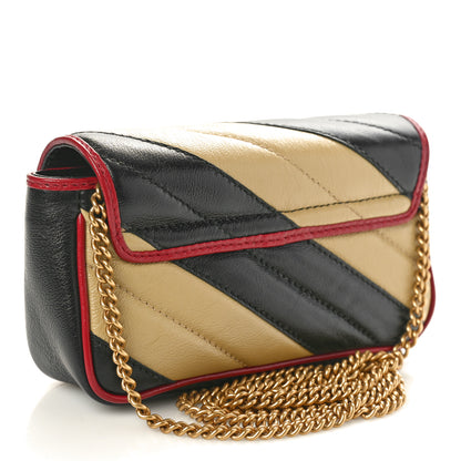 Gucci Vintage Effect Calfskin Matelasse Diagonal Striped Super Mini Torchon GG Marmont Shoulder Bag Black Beige 2 of 10