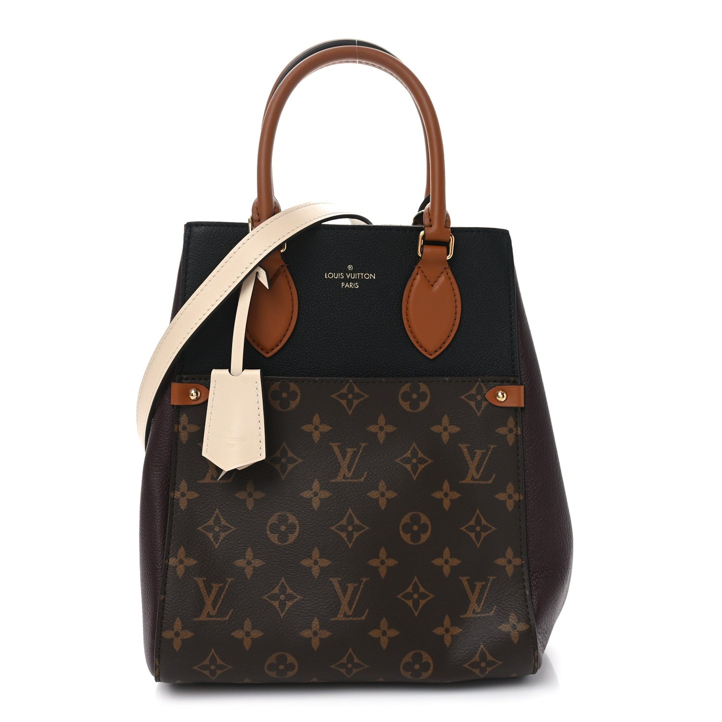 Calfskin Monogram Fold Tote MM Black Wine Cream