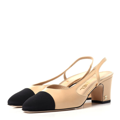 Chanel Goatskin Grosgrain Cap Toe CC Slingback Pumps 35.5 Beige Black 3 of 11