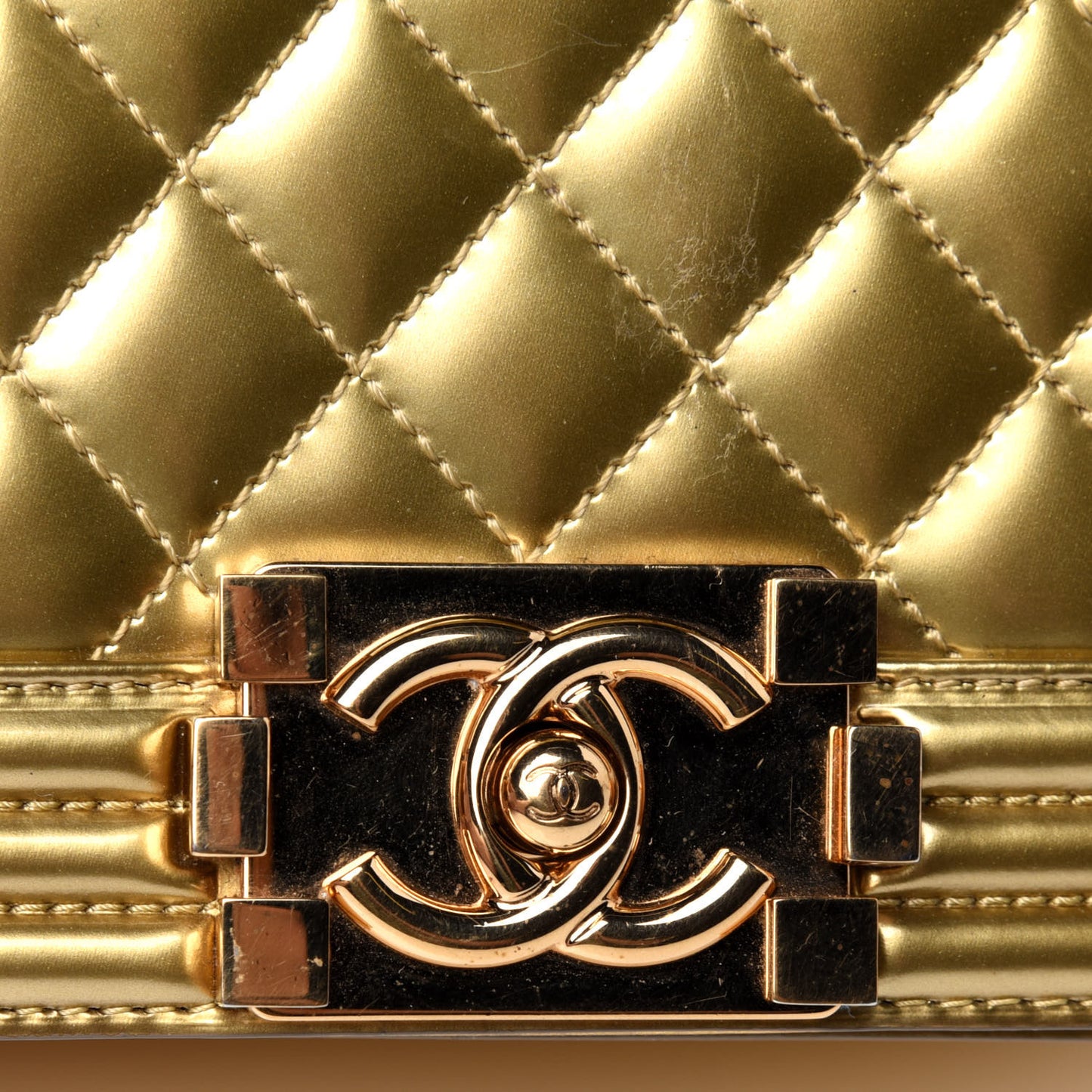 Metallic Patent Calfskin Quilted Small Boy Flap Gold