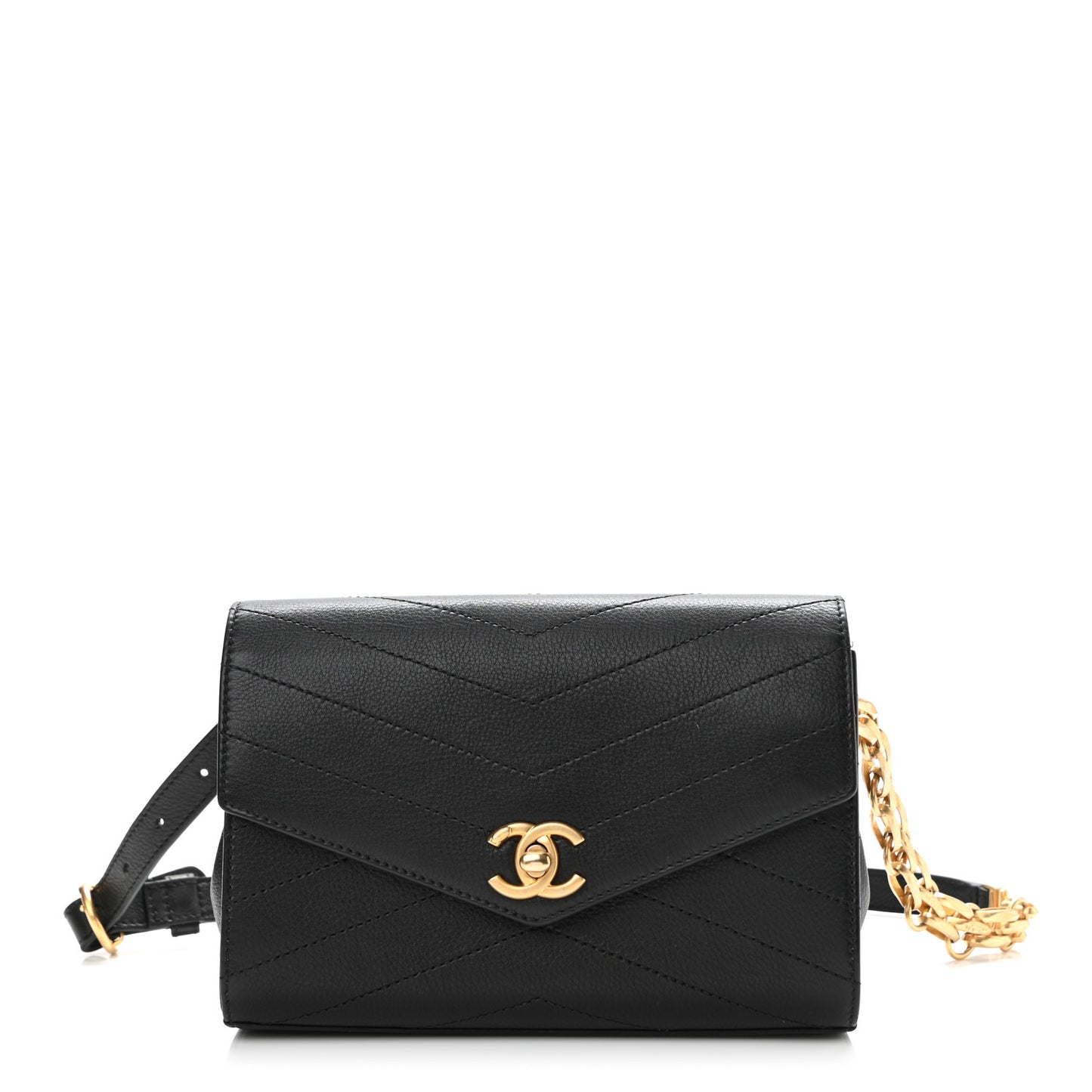 Calfskin Chevron Stitched Coco Waist Bag Black