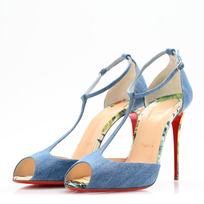Christian Louboutin Denim Crackled Calfskin Hawaii Print Senora 100 Sandals 41 Blue White 4 of 11