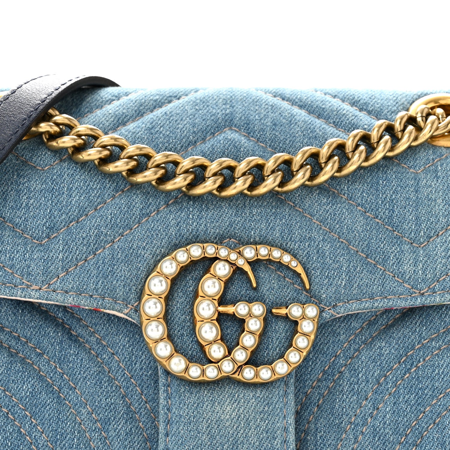 Gucci Denim Matelasse Mini Pearly GG Marmont Shoulder Bag Blue 8 of 13