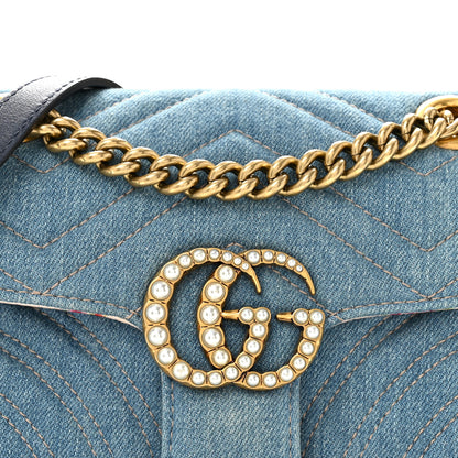 Gucci Denim Matelasse Mini Pearly GG Marmont Shoulder Bag Blue 8 of 13