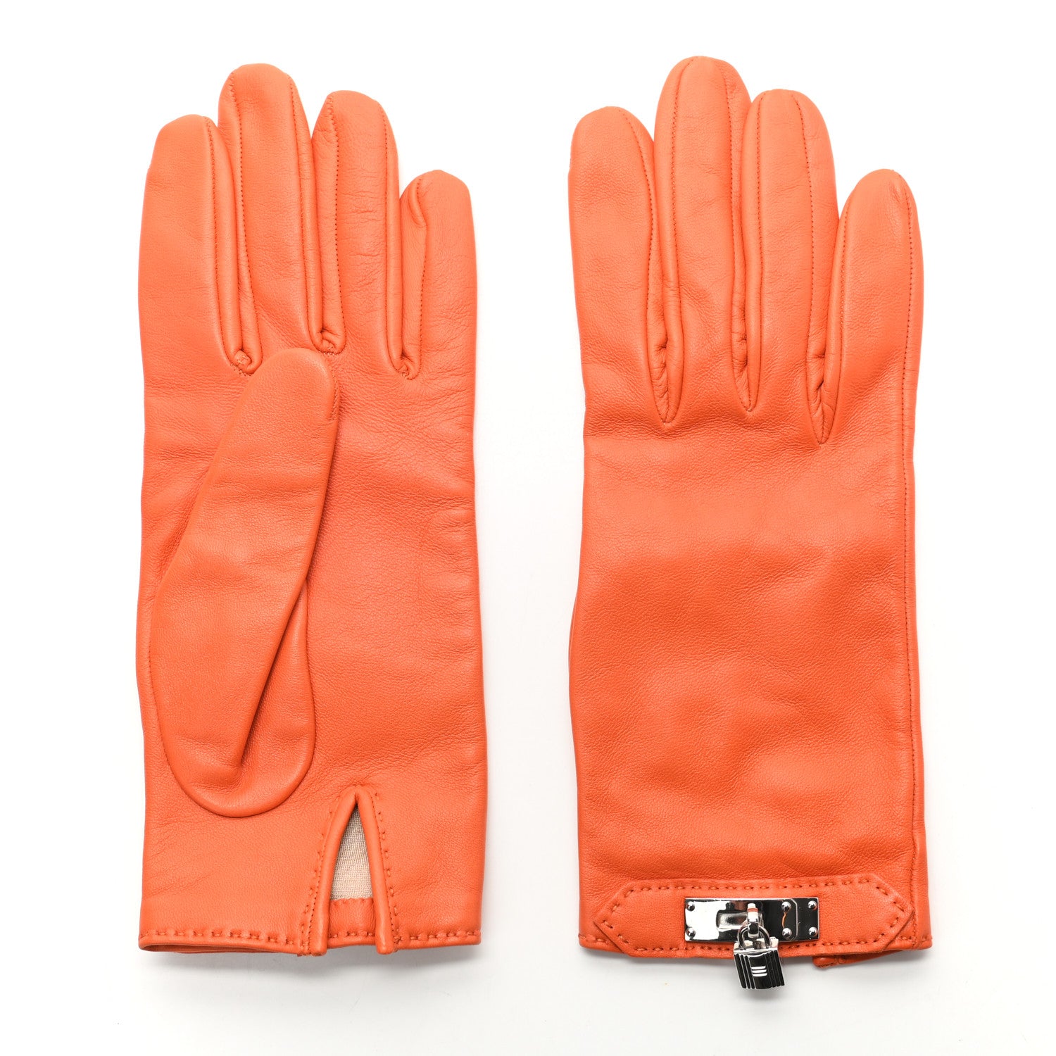 Hermes Lambskin Soya Kelly Lock Gloves 7 Orange 2 of 4