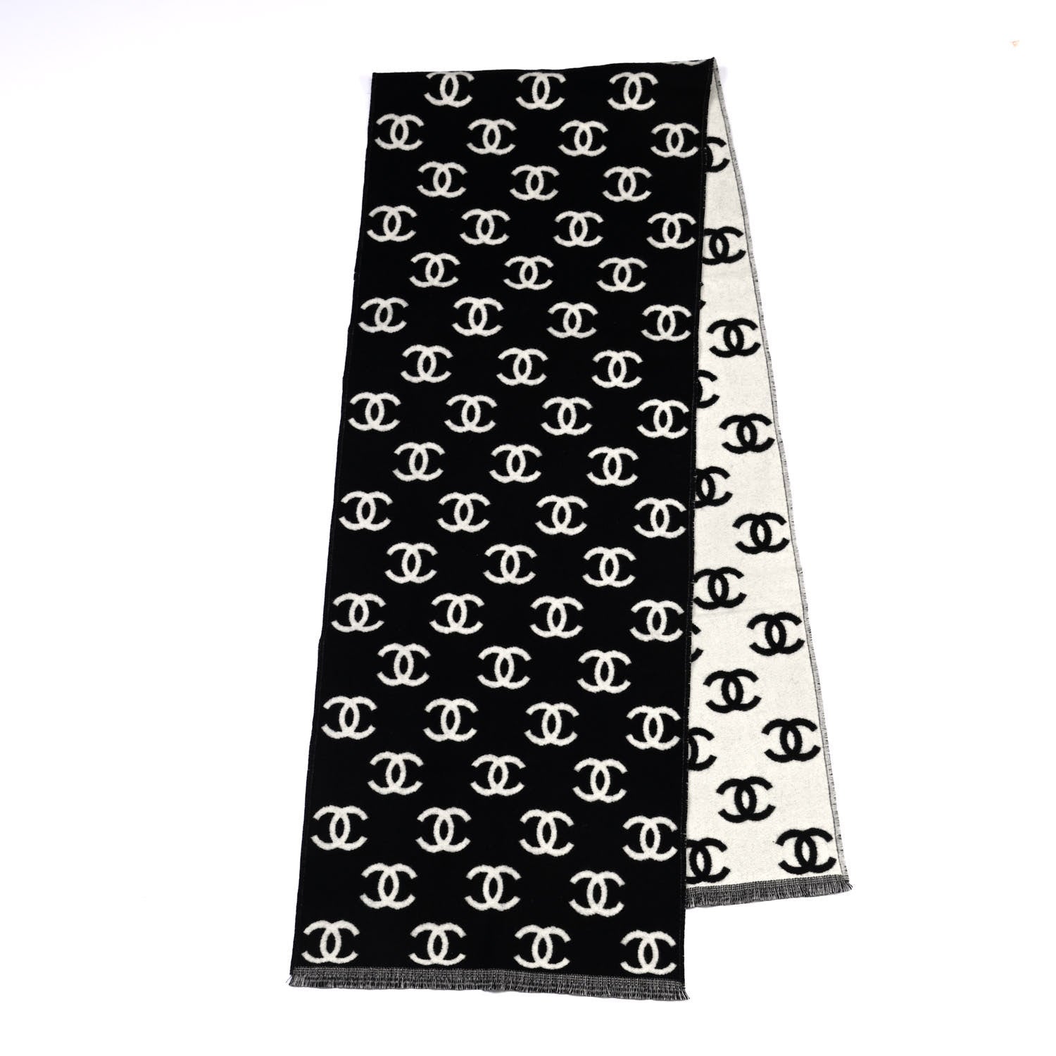 Chanel Wool Cashmere CC Scarf Black White 2 of 4