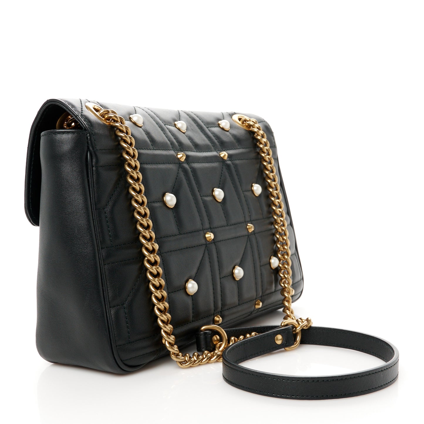 Calfskin Matelasse Studded Medium Pearly GG Marmont Shoulder Bag Black