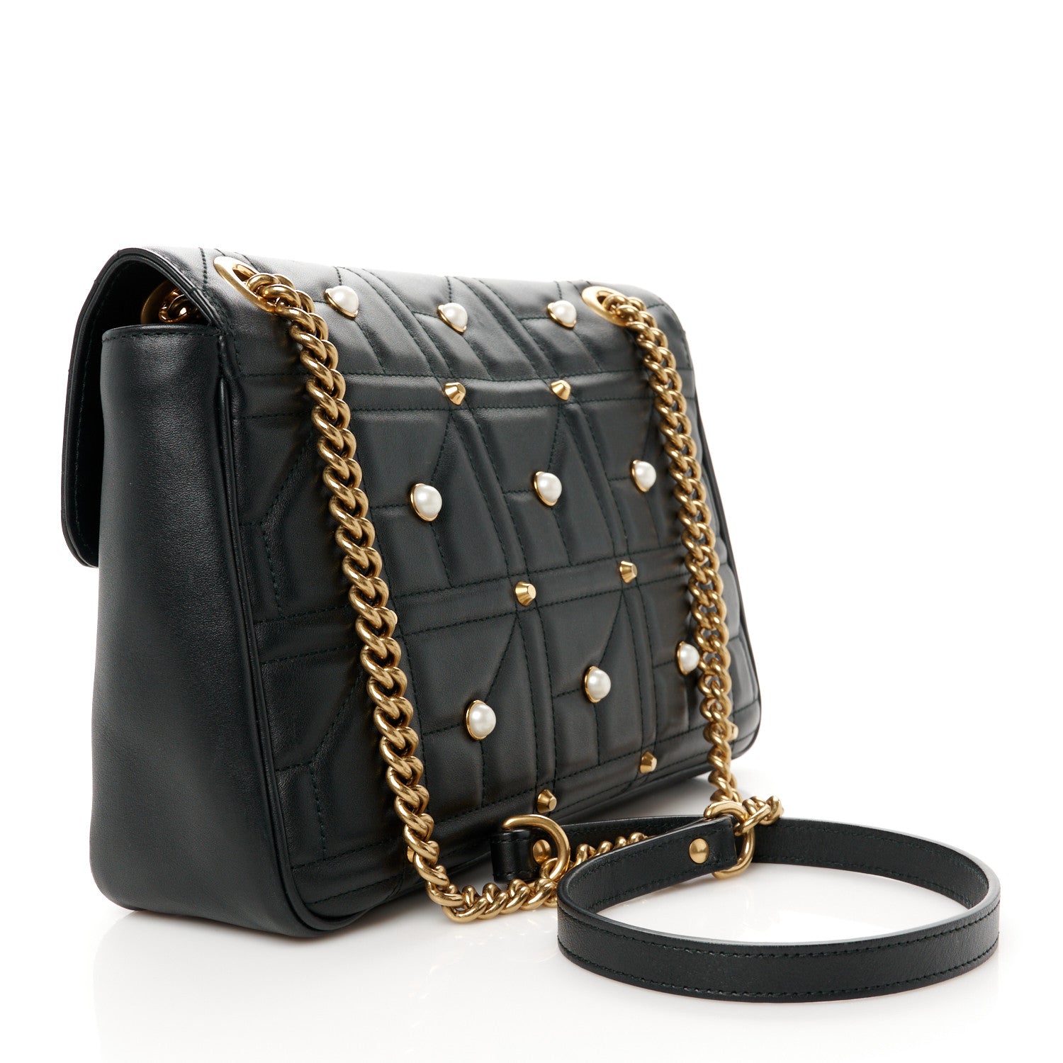 Gucci Calfskin Matelasse Studded Medium Pearly GG Marmont Shoulder Bag Black 3 of 11