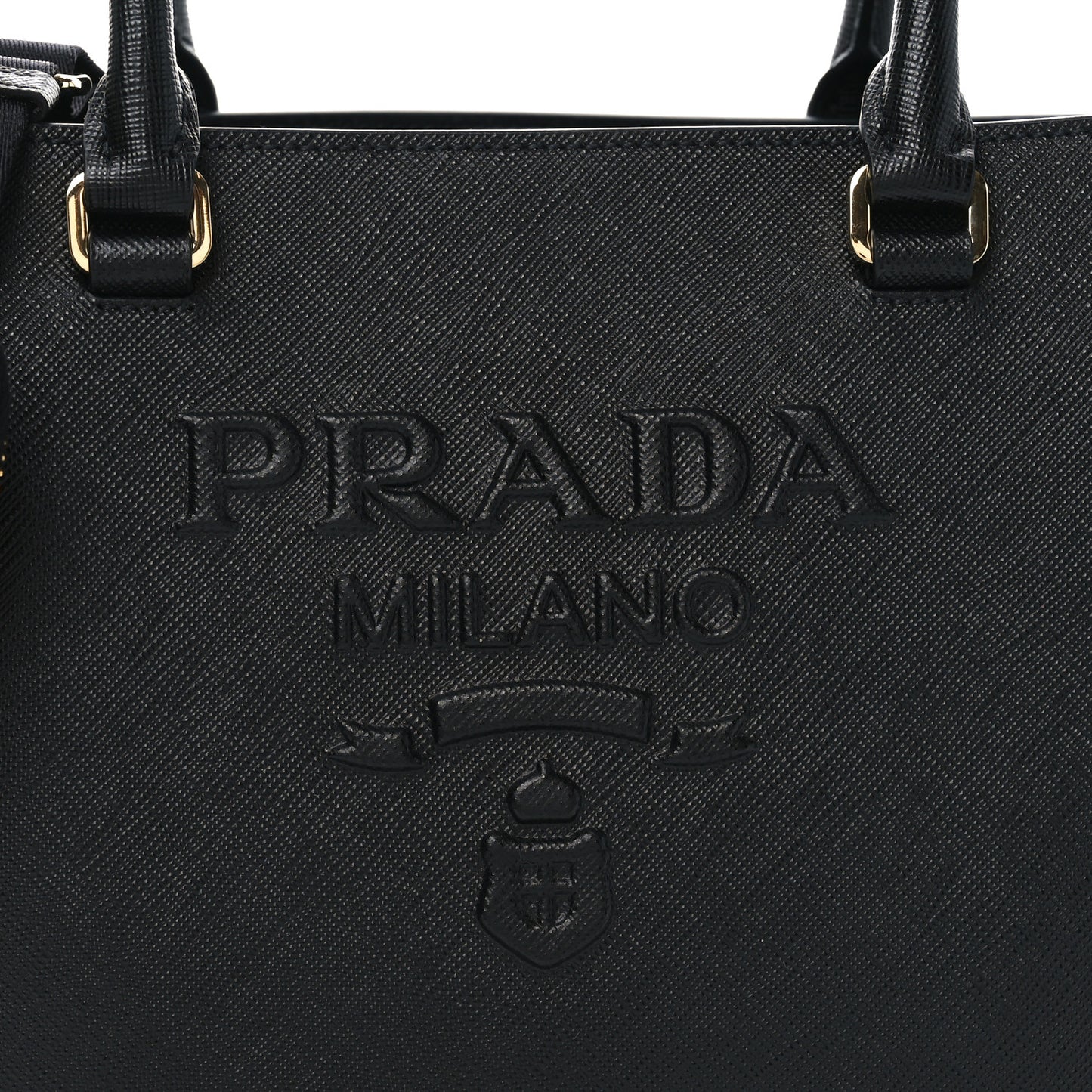 Saffiano Lux Logo Embossed Medium Shoulder Tote Handbag Black