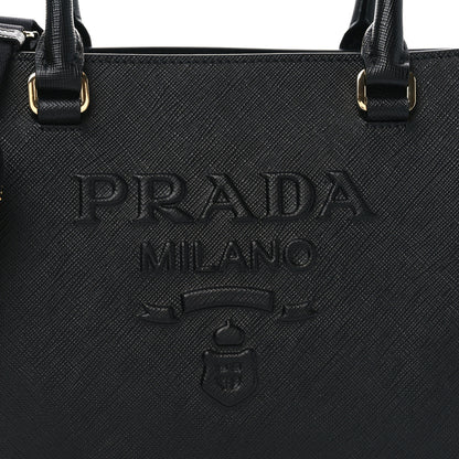Prada Saffiano Lux Logo Embossed Medium Shoulder Tote Handbag Black 7 of 9