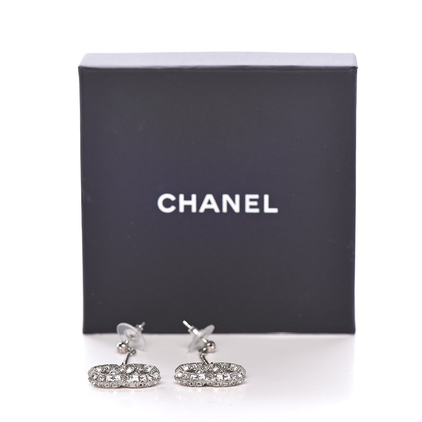 Baguette Crystal CC Drop Earrings Silver