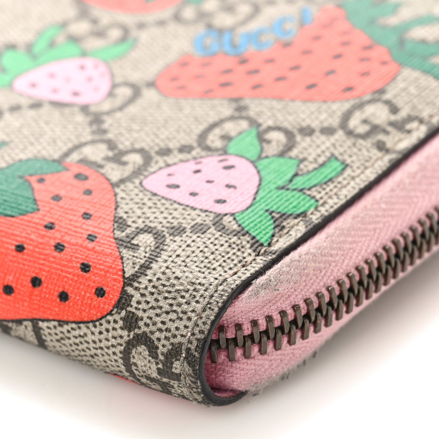GG Supreme Monogram Strawberry Zip Around Wallet Light Pink