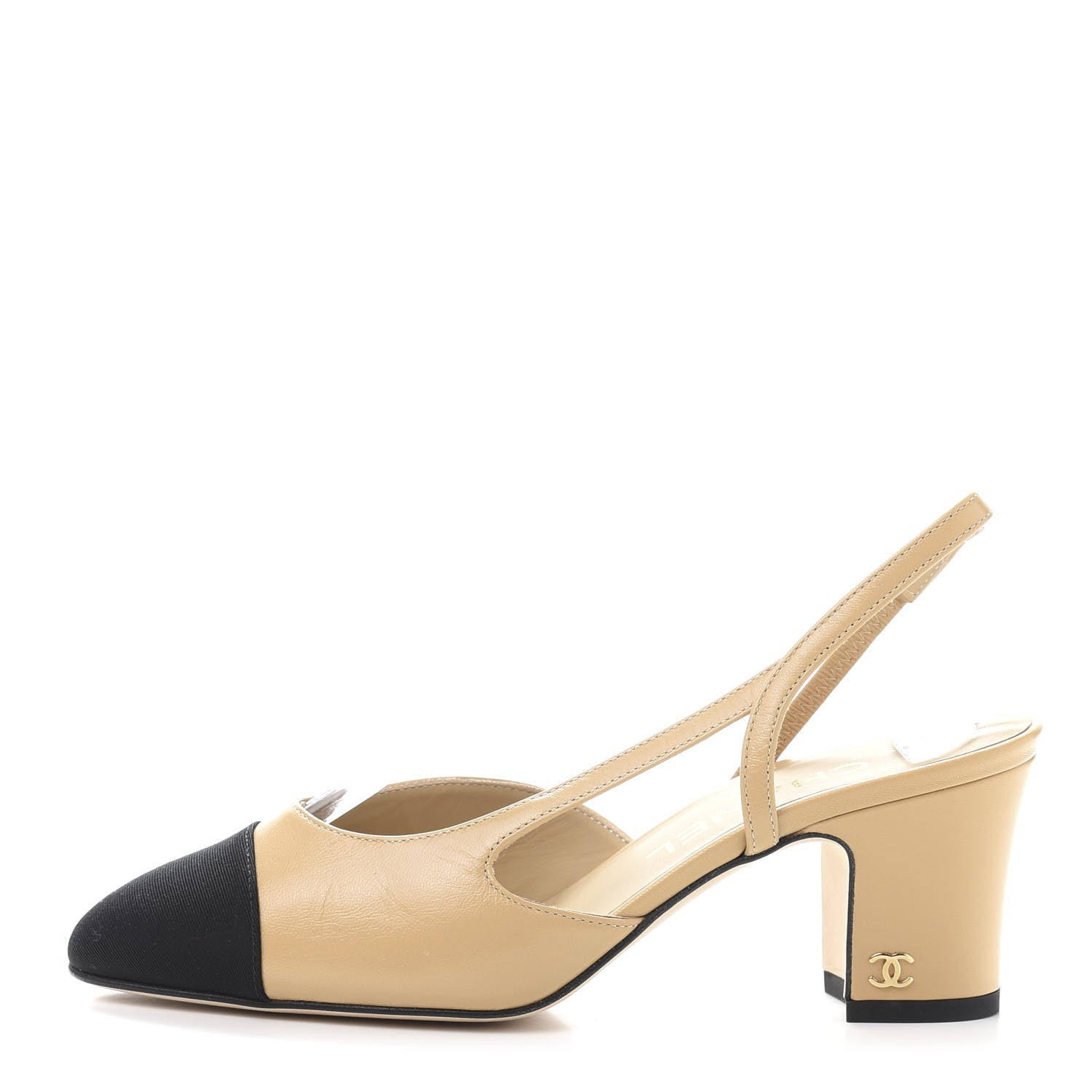 Chanel Goatskin Grosgrain Cap Toe CC Slingback Pumps 35 Beige Black 1 of 9